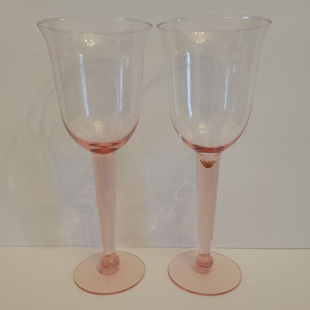 Set Of 2 Vintage Pink Glass Wine Goblets